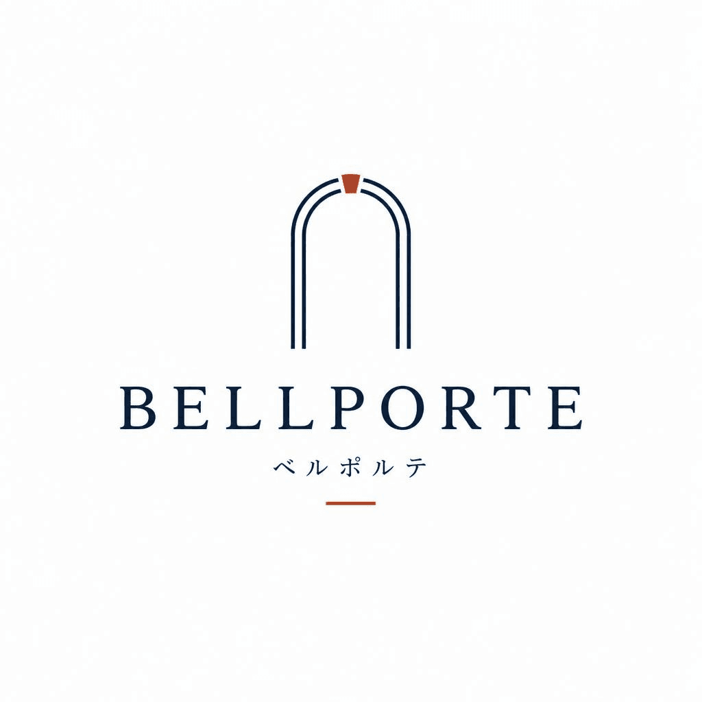 BELLPORTE ベルポルテ。ベルと扉を重ねた紺色のアーチと、赤茶色のアクセントを組み合わせたロゴ